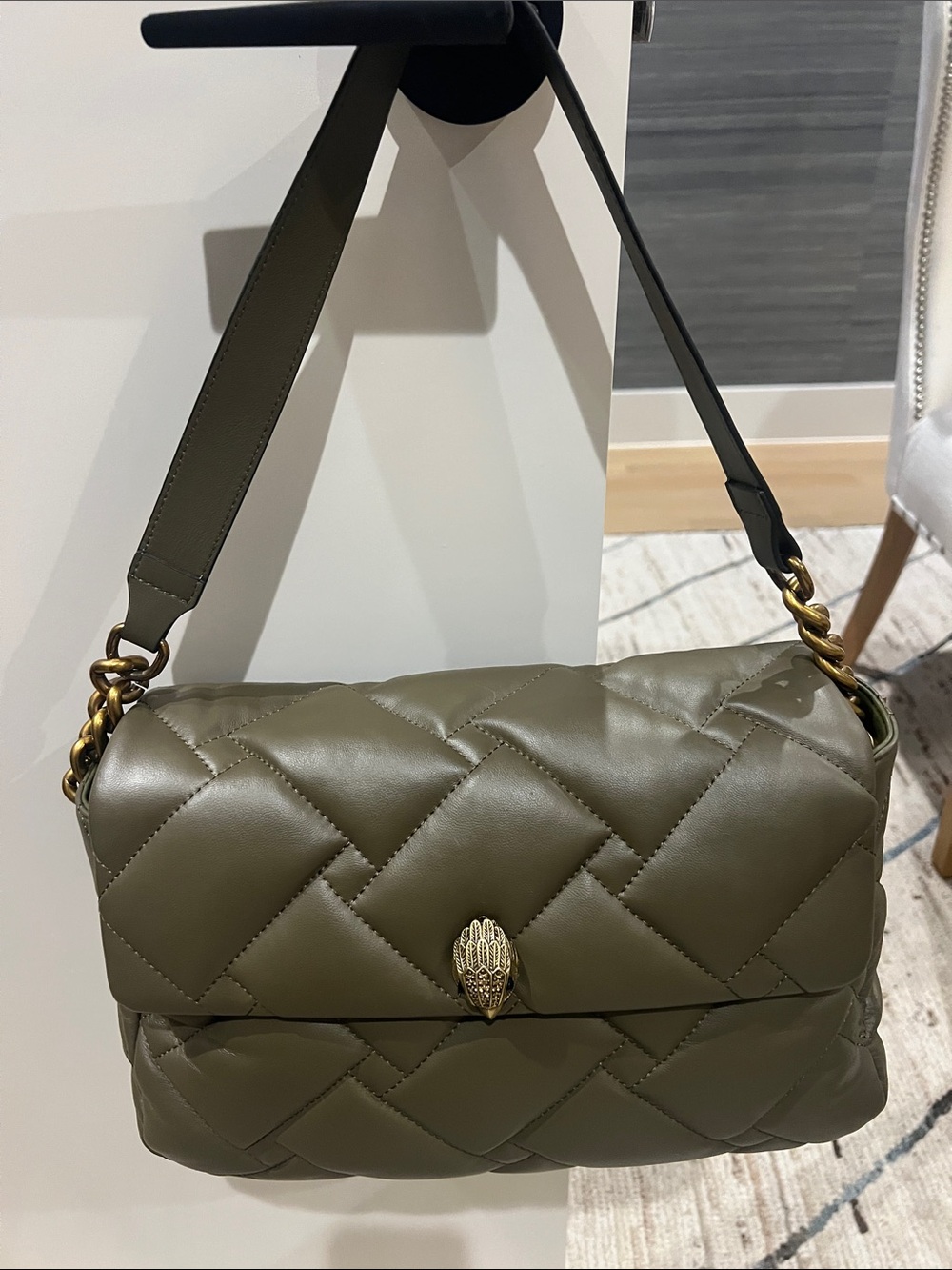 Kurt Geiger Olive Quilted Shoulder Bag with Gold Hardware